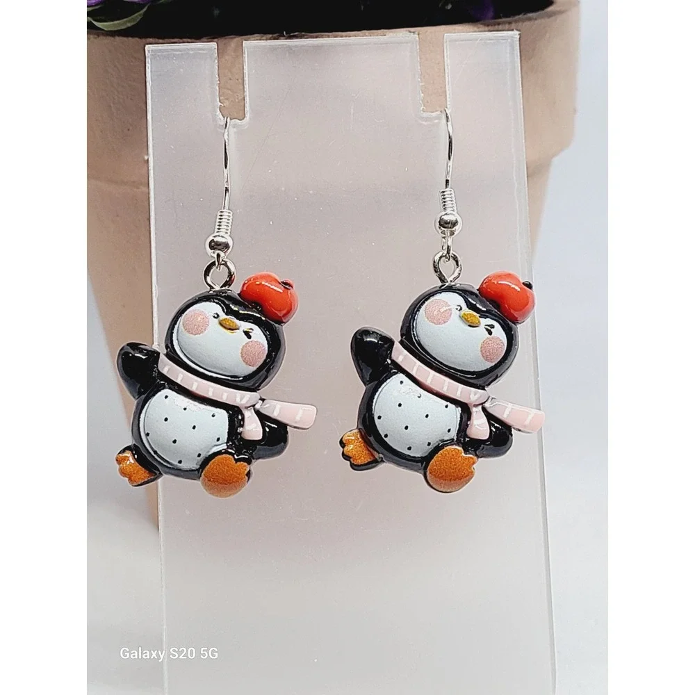 Penguin with Red Beret and‎ Scarf Winter Drop Earrings Silver Tone Hooks NEW